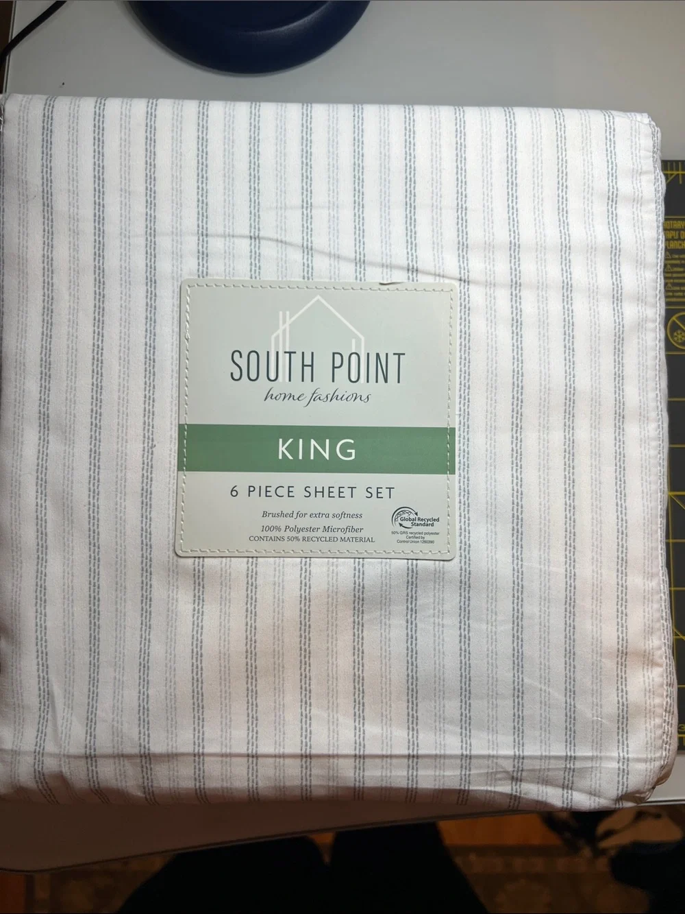 King 6-Piece Sheet Set - White with Gray Navy Stripe